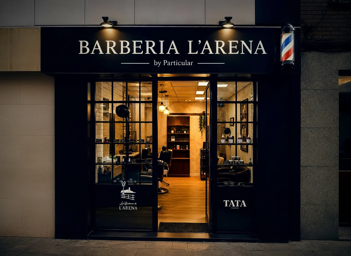 El escaparate completo de la barbería en Gijón al anochecer: el rótulo, el poste de barbero y el interior cálido visto desde la calle